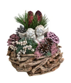 Grabgesteck In Wurzelholz-Schale, Rund, Rosa/weiß, Ca. Ø20/H25 Cm